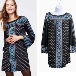 LOFT Woman Black Blue Geo Print Mini Dress Boat Neck Long Bell Sleeve Boho XS